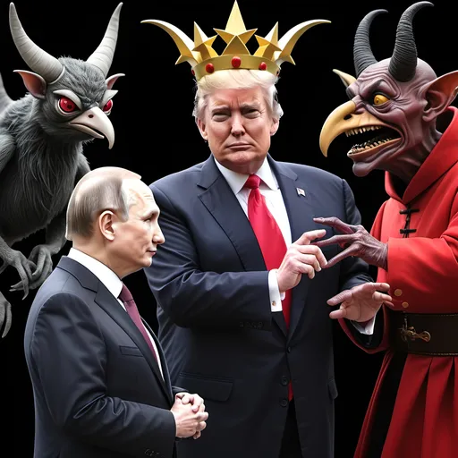 Prompt: Dark,  gothic, demonic, satanic, luciferian; a 'horned Donald Trump puppet on strings' being controlled by a 'horned satan puppet on strings' being controlled by a 'horned pope puppet on strings', being controlled by a 'horned Vladimir Putin puppet on strings', being controlled by Xi of China, who holds ALL THE STRINGS.
Flying Monkeys from Wizard of Oz