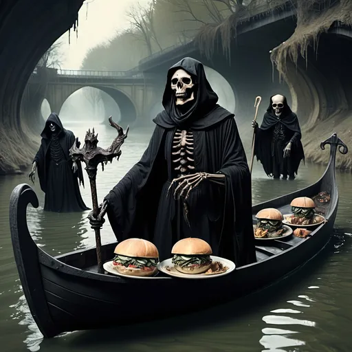 Prompt: (Dark, gothic, infernal, River Styx, Hades;) (Charon, skeletal boat master in a black robe with hood, of the river Styx); escorts a (goblin dressed in ragged dirty clothing who resembles Richard Nixon), to meet with his master on the lower planes, Charon is eating an awesome sandwich that his wife made for him for lunch, and offers a sandwich to the goblin in ratty ragged clothing who resembles Richard Nixon.
Scary, high resolution, ultra detailed, menacing, foreboding, ominous,