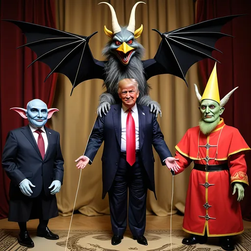 Prompt: Dark,  gothic, demonic, satanic, luciferian; a 'horned Donald Trump puppet on strings' being controlled by a 'horned satan puppet on strings' being controlled by a 'horned pope puppet on strings', being controlled by a 'horned Vladimir Putin puppet on strings', being controlled by Xi of China, who holds ALL THE STRINGS.
Flying Monkeys from Wizard of Oz