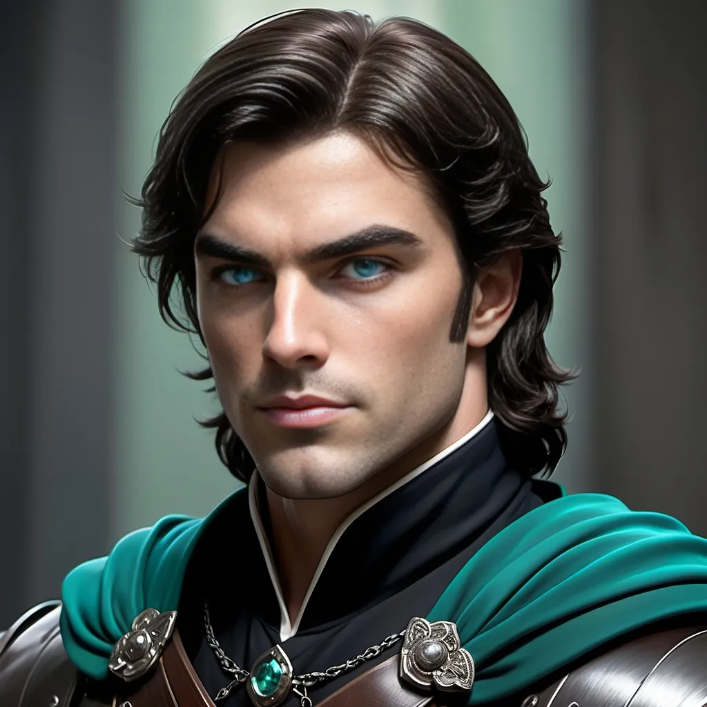 Prompt: [ Derek the Brown or Derek from Towne]
Chevalier, dark hair, pale complected, blue eyes; dressed in green, teal, and black; slight but well muscled, tall, bow & quiver on his back, piercing, attentive eyes, ultra detailed, ultra realism, darkly heroic.
(Resembles Neil Diamond)