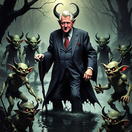 Prompt: River Styx, dark, infernal, gothic, ominous; minor Devil with horns and hooves who resembles Bill Clinton; has a chat with a goblins in ragged, ratty clothing who resembles Richard Nixon.