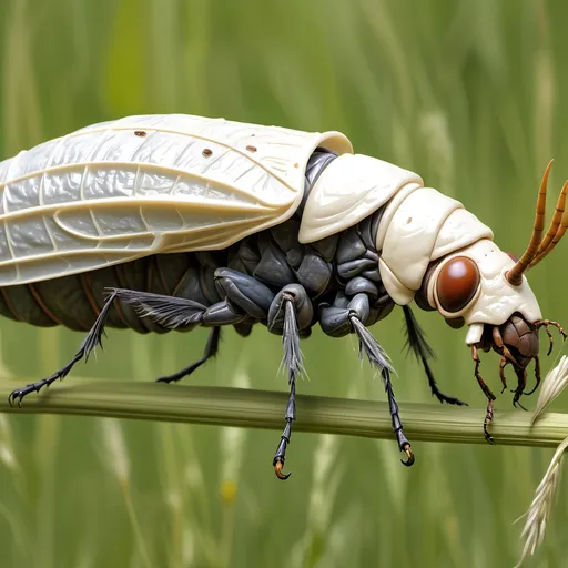 Prompt: A GIANT MONSTROUS MUTANT CICADA LARVA, larger than a man,
Feeding on a horse, a MONSTROUS MUTATED BLOATED GIANT CICADA LARVA ERUPTS FROM THE GROUND,
In a wild meadow surrounded by tall grasses, briarpatches and wildflowers,
A huge, eight foot tall MUTATED MONSTROUS bloated gray-white cicada larva erupting from the ground and rearing on its hind end legs with its proboscis extended, feeding on Armondo's Warhorse, ultra realism, ultra detail, high definition, high resolution, gothic, fantasy,