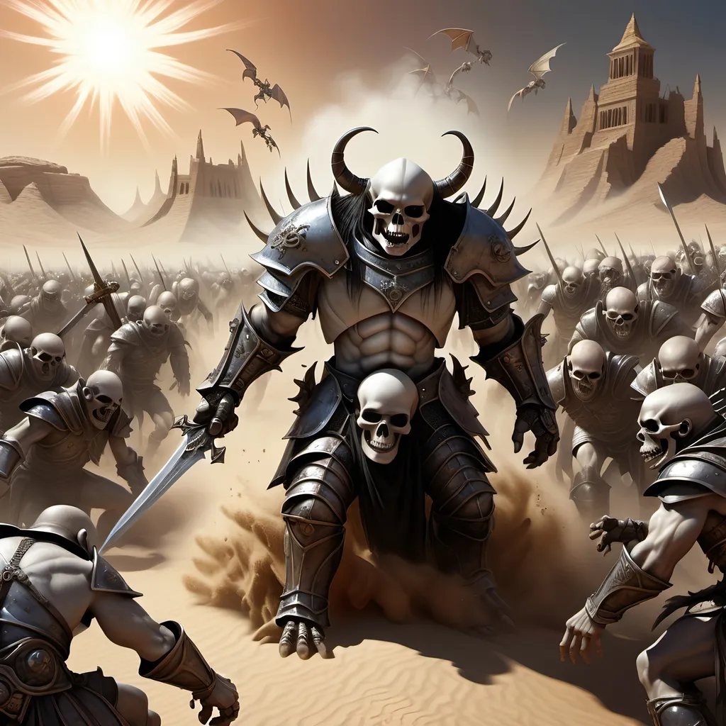 Prompt: A battle rages with thousands of men and orcs in armor fighting to the death surrounded by countless fallen bodies of the slain,
A ghostly TRANSPARENT WISPY apparition of a male warrior rising and coming together above
a skull half buried in dust and sand on a desert battlefield under a hot blazing sun, gothic, fantasy,  ultra realism, ultra detailed,