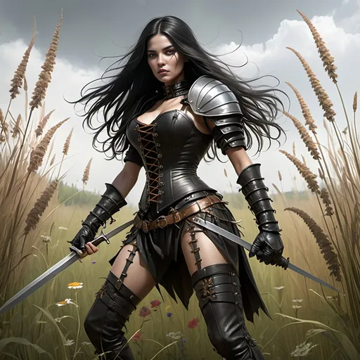 Prompt: In a meadow of tall grasses and wildflowers,
'Kitanjia the Ranger' [woman, tall, fair complected, dresses in black leather armor and corset, long black hair, longsword] in a fight to the death with an 'insect beast' [large, mutant, insect larva, dark brown gray in color, four back legs to stand on and two long front legs with sharp talons to fight with, red eyes on opposite sides of cicada-like head, and long proboscis, bigger than a Volkswagen beetle!]
Fantasy, gothic, ultra realism, ultra detail, in a meadow of tall grasses standing over a dead Bay Mare with an archaic saddle on her back