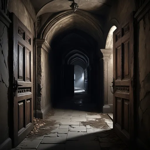 Prompt: Dead end hallway, with two ancient wooden doors with rusty iron hinges on either side of the room, one to the right and one to the left,
Gothic, fantasy, dark, dark shadows, blackness, huge spider webs, ominous, menacing, abandoned, dirty narrow ancient stone corridors vaults and chambers covered in dust and cobwebs leading to a stone subcellar/dungeon filled with casks and kegs and debris, and one woman's shoe,
Ultra detail, ultra realism, high definition, shadowy, pitch black, dingy dark passageways and glowing pairs of eyes in the shadows, rats with red glowing eyes,