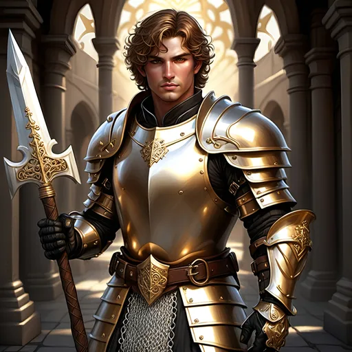 Prompt: [Armando the Golden]
Male paladin, (ultra-detailed) (ultra-realism), brown wavy short cropped hair, rosy cheeks, brown eyes, (bright silver steel breastplate) with (gold inlay and filigree), (shiny steel chainmail shirt), black boots with (sparkling shiny spurs), carrying a huge (double-ended war hammer), dramatic lighting, epic stance, medieval fantasy background, grand atmosphere, (HD quality) pompous, arrogant demeanor and stance, tall, 'broad like a barn', wide shoulders, built like a tank, iconoclastic narcissist,
Resembles Mike Pompeo.