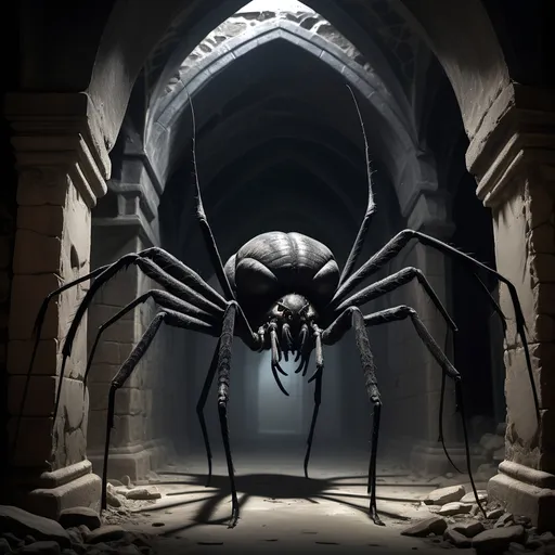 Prompt: A giant black shadowy menacing two-headed monstrous insect with a hundred or more long skinny legs ending in pincers,
Gothic, fantasy, dark, dark shadows, blackness, huge spider webs, ominous, menacing, abandoned, dirty narrow ancient stone corridors vaults and chambers covered in dust and cobwebs leading to a stone subcellar/dungeon filled with casks and kegs and debris, and one woman's shoe,
Ultra detail, ultra realism, high definition, shadowy, pitch black, dingy dark passageways and glowing pairs of eyes in the shadows, rats with red glowing eyes,