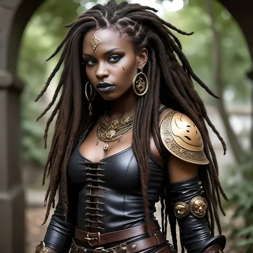 Prompt: [Feleindria or Feline, for short ]
Woman, very darky complected African, long dark auburn curly hair in dreadlocks with gold clasps, slight and athletic build, dark gothic fantasy attire, longsword, tattoos, earrings and body piercings, stretched lobes, leather gauntlets and boots, buxom, comely, if not feline,