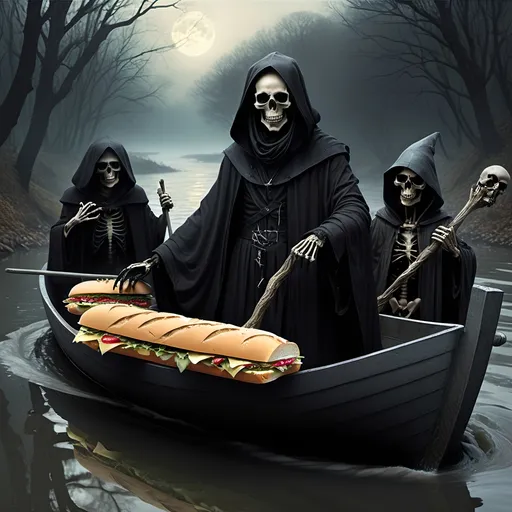 Prompt: (Dark, gothic, infernal, River Styx, Hades;) (Charon, skeletal boat master in a black robe with hood, of the river Styx); escorts a (goblin dressed in ragged dirty clothing who resembles Richard Nixon), to meet with his master on the lower planes, Charon is eating an awesome sandwich that his wife made for him for lunch, and offers a sandwich to the goblin in ratty ragged clothing who resembles Richard Nixon.
Scary, high resolution, ultra detailed, menacing, foreboding, ominous,