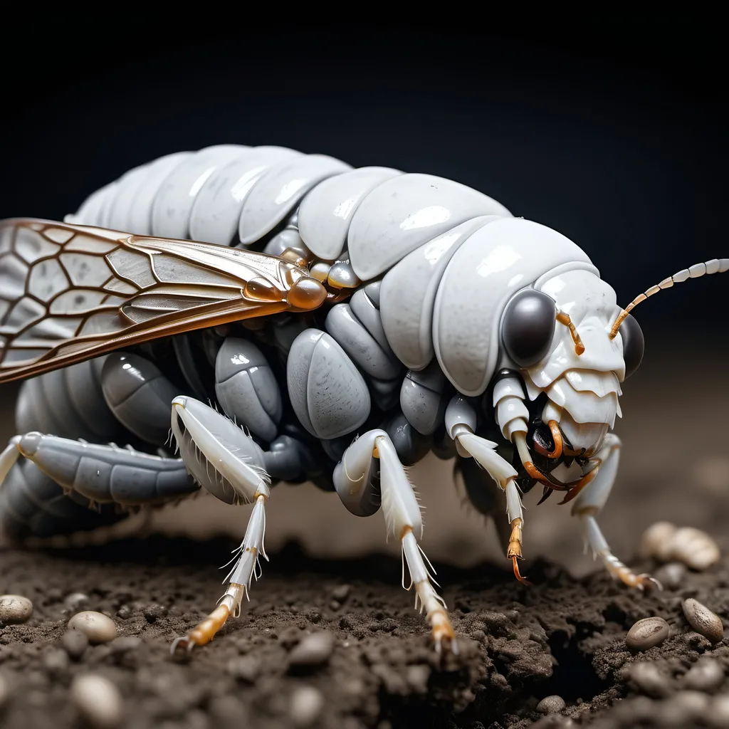 Prompt: A giant bloated gray-white cicada larva emerging from the ground with its proboscis extended, ultra realism, ultra detail, high definition, high resolution, gothic, fantasy,