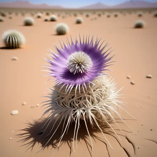 Prompt: Barren desert crawling with countless large hundred limbed insects which resemble spherical anemones, that are rolling and tumbling across the flat parched desert in search of prey, like sentient tumbleweeds, with very small circular bodies with a central toothed orifice surrounded by hundreds of long legs which all terminate it sharp points, like an ambulate sentient thistle,
Dark skies.