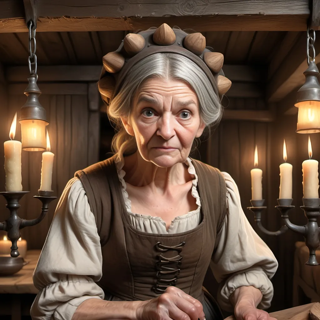 Prompt: Elderly woman, toothless, menacing, dressed in ragged peasant clothing, serving wench, gray hair in a bun on top of her head, grimacing and holding a wooden rolling pin in a threatening manner; inside an English Tudor style Inn, candle chandeliers and wall sconces, rustic wood paneling, ultra realistic, ultra detailed, highest resolution.