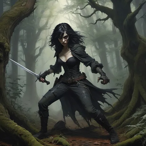 Prompt: [A raven haired, pale complected heroic gothic female person is lunging with a long sword in her right hand and a dagger reversed in her left] she is lunging at a goblin in ragged dirty clothing who is threatening her with a rusty dagger.
They are in a dark and shadowy original growth forest, with twisted gnarly hemlock trees and twisted gnarly lichen covered roots everywhere, beneath an overgrown misty forest canopy,