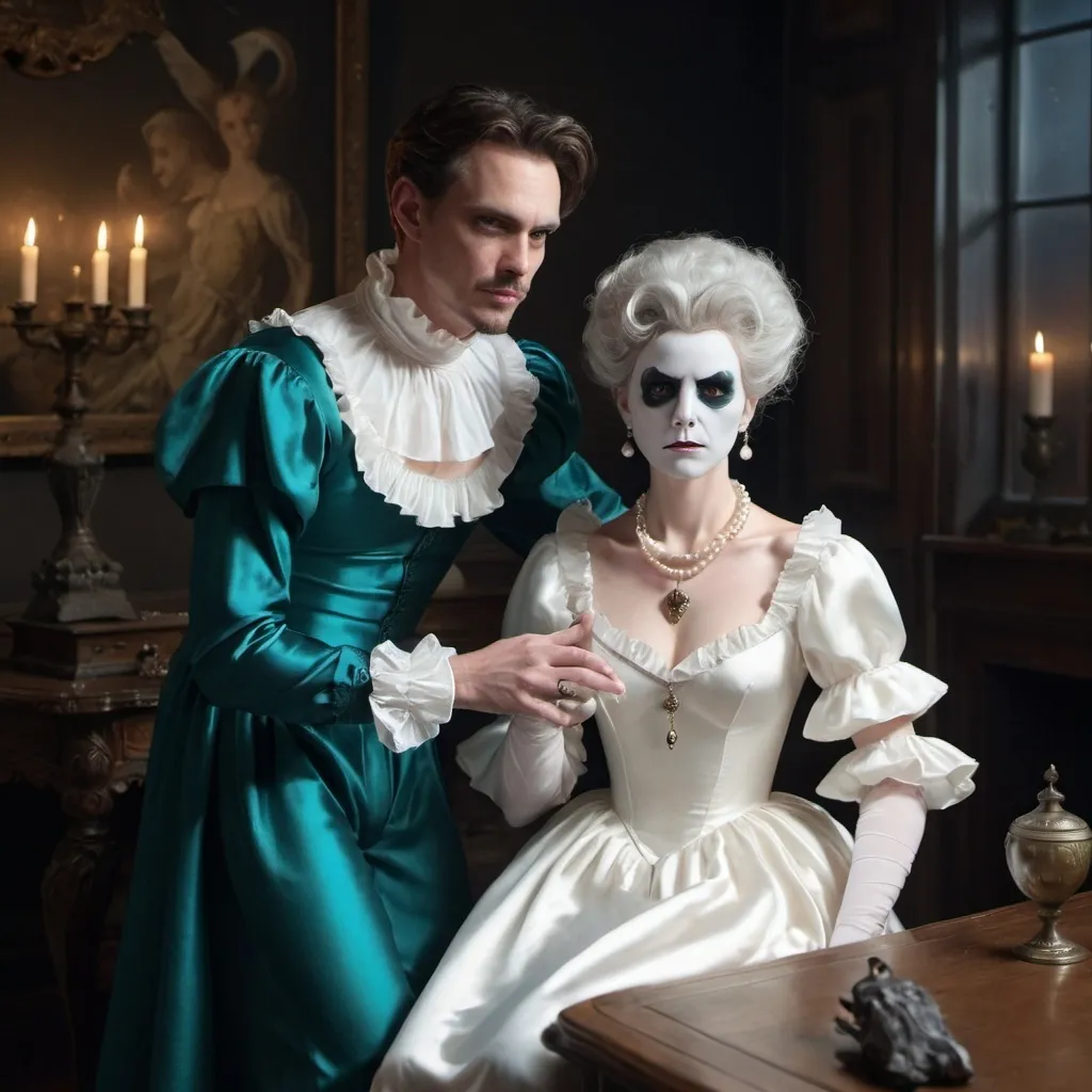 Prompt: A male ghost/demon sitting on the left side of a n antique table, holding his heart in his hand which shines brightly and illuminates the room, wearing a white baggy Elizabethan era blouse, and sitting next to him is a woman ghost/demon with obsidian horns coming out of her forehead and wearing an antique dress with a white frilled collar and pearl necklaces down the front of her ruffled teal satin dress.