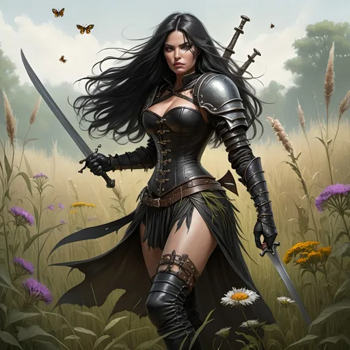 Prompt: In a meadow of tall grasses and wildflowers,
'Kitanjia the Ranger' [woman, tall, fair complected, dresses in black leather armor and corset, long black hair, longsword] in a fight to the death with an 'insect beast' [large, mutant, insect larva, dark brown gray in color, four back legs to stand on and two long front legs with sharp talons to fight with, red eyes on opposite sides of cicada-like head, and long proboscis, bigger than a Volkswagen beetle!]
Fantasy, gothic, ultra realism, ultra detail, in a meadow of tall grasses standing over a dead Bay Mare with an archaic saddle on her back