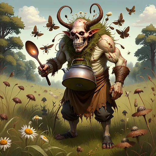 Prompt: Giant mosquitos and buzzing flies,
An evil looking light skinned ogre ornamented in skulls and scalps, carrying bowls and spoons made of bone,
In a meadow with tall grasses and briars, wildflowers, buzzing insects and ticks,
A scary warty skinned ruddy caucasian complected  ogre Chef wearing a copper kettle on his head, dressed in ragged and worn Renaissance garb with slit sleeves and pantaloons with plentiful patches and repairs, quartered dark yellow & green , carrying a belt encumbered with skulls, scalps, several wooden spoons and copper ladles and bowls made of bone, and goblets made of skulls, one nostril in his nose, 
Strawberry blonde hair, and fierce unfriendly expression on his face, out looking to find meat and spices to curry the favor of his Jarl.