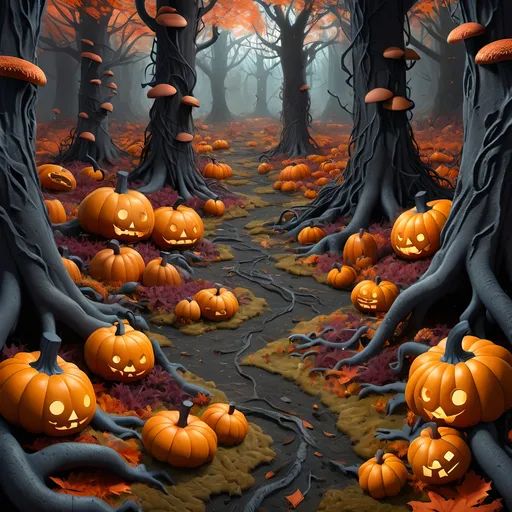 Prompt: Dark, gothic scary, foreboding, menacing, ominous, bright autumn foliage, carpet of brightly colored fallen foliage on the ground, in a twisted and gnarly original growth autumn forest, surrounded by twisted lichen covered roots and mushrooms and large scary pumpkins with mean faces, ultra detailed, high resolution, gritty realism, boxes of Girl Scout Cookies everywhere.