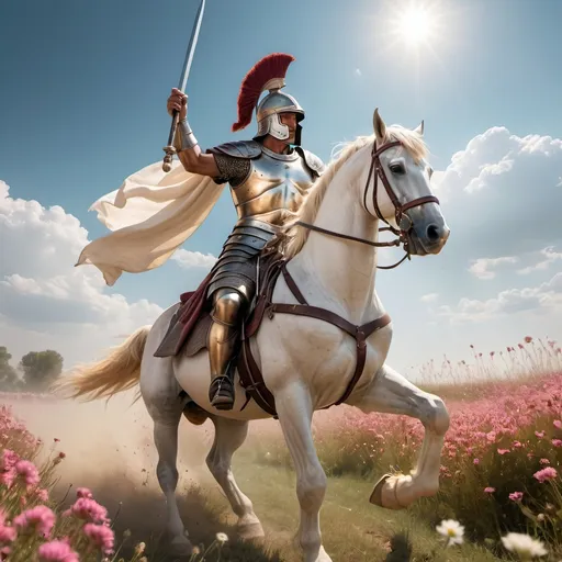 Prompt: General Moses Cleaveland (as an ancient Greek General), wearing (bronze armor) with a (brush top helmet), majestically riding a (white horse), leading a (column of infantry) carrying (swords, spears, shields). Surrounding a (flowering meadow), with (clouds of dust) kicked up from the march, bathed in (afternoon sunshine), creating a vibrant and dramatic scene. The image should be (4K), capturing high detail and cinematic quality.