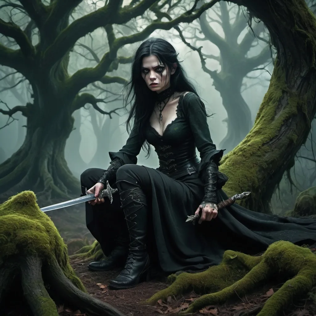 Prompt: (fantasy scene) tall black-haired heroic gothic female figure in dark, flowing attire, fierce expression, menacing yet captivating, short cowardly goblin on knees, fear in his eyes, sword poised at throat, huge twisted, gnarly trees with vivid lichen wrapping around them, shadowy and atmospheric ambiance, deep greens and blacks, enchanted yet grim setting, (ultra-detailed) (HD)