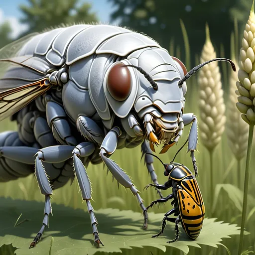 Prompt: In a wild meadow surrounded by tall grasses, briarpatches and wildflowers,
A huge, eight foot tall MUTATED MONSTROUS bloated gray-white cicada larva erupting from the ground and rearing on its hind end legs with its proboscis extended, feeding on Armondo's Warhorse, ultra realism, ultra detail, high definition, high resolution, gothic, fantasy,