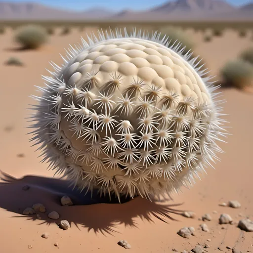 Prompt: Barren desert crawling with countless large hundred limbed insects which resemble spherical anemones, that are rolling and tumbling across the flat parched desert in search of prey, like sentient tumbleweeds, with very small circular bodies with a central toothed orifice surrounded by hundreds of long legs which all terminate it sharp points, like an ambulate sentient thistle,
Dark skies.