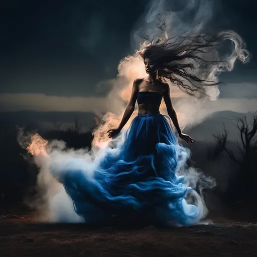 Prompt: Hair in motion, captured with long exposure photography Nikon D850 DSLR camera f/4. ISO 200, torso apparition hovering over a smouldering campfire with dark smoke swirls rising in a vortex, black hair, spilling out in the updraft and swirling in the vortex with the smoke, tattered skirt, blue skin, transparent body; night, stars and clouds in the sky.