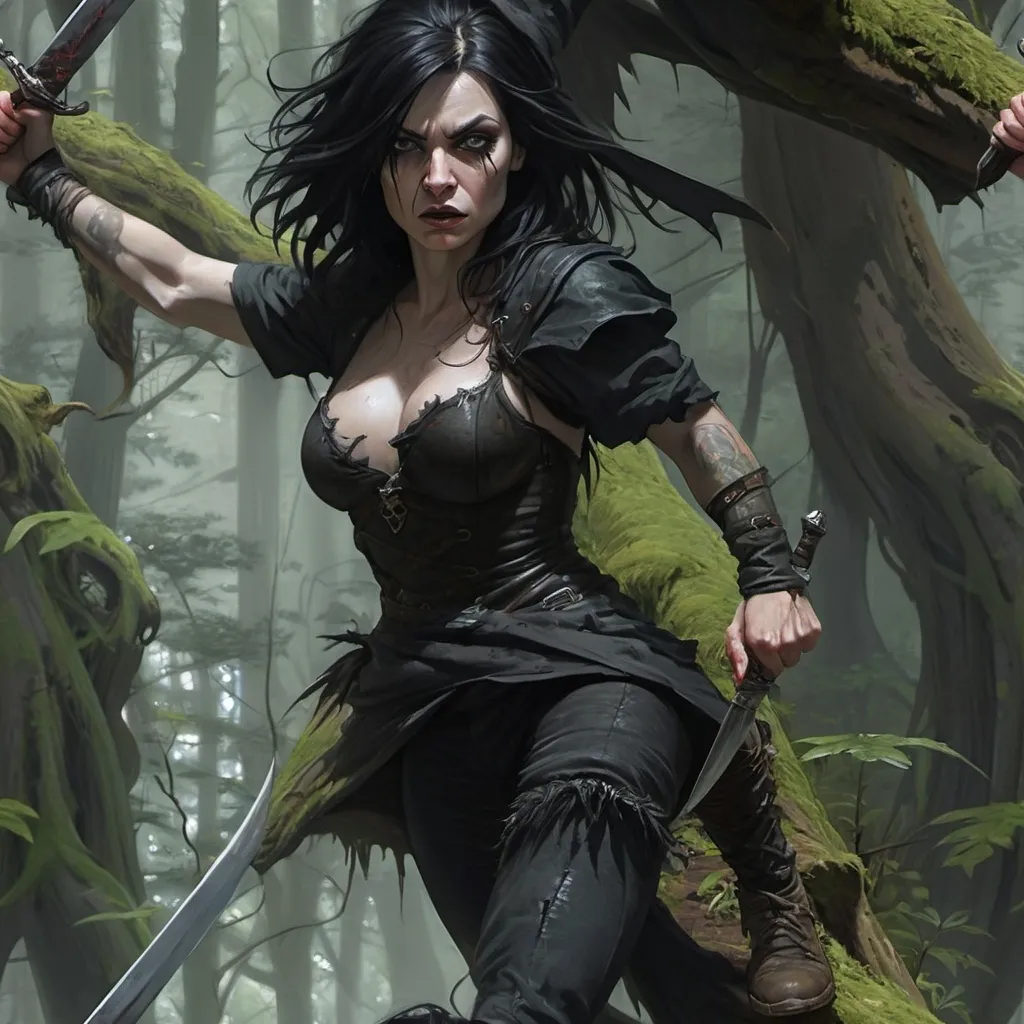 Prompt: [A raven haired, pale complected heroic gothic female person is lunging with a long sword in her right hand and a dagger reversed in her left] she is lunging at a goblin in ragged dirty clothing who is threatening her with a rusty dagger.
They are in a dark and shadowy original growth forest, with twisted gnarly hemlock trees and twisted gnarly lichen covered roots everywhere, beneath an overgrown misty forest canopy, with a gurgling stream flowing in the distance.