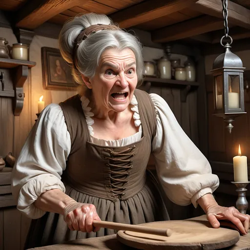 Prompt: Elderly woman, toothless, menacing, dressed in ragged peasant clothing, serving wench, gray hair in a bun on top of her head, grimacing and holding a wooden rolling pin in a threatening manner; inside an English Tudor style Inn, candle chandeliers and wall sconces, rustic wood paneling, ultra realistic, ultra detailed, highest resolution.