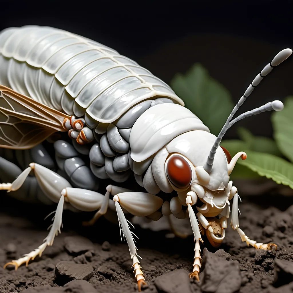 Prompt: A giant eight foot tall bloated gray-white cicada larva emerging from the ground with its proboscis extended, feeding on Armondo's Warhorse, ultra realism, ultra detail, high definition, high resolution, gothic, fantasy,