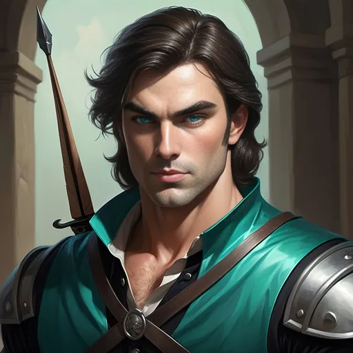 Prompt: [ Derek the Brown or Derek from Towne]
Chevalier, dark hair, pale complected, blue eyes; dressed in green, teal, and black; slight but well muscled, tall, bow & quiver on his back, piercing, attentive eyes, ultra detailed, ultra realism, darkly heroic.
(Resembles Neil Diamond)