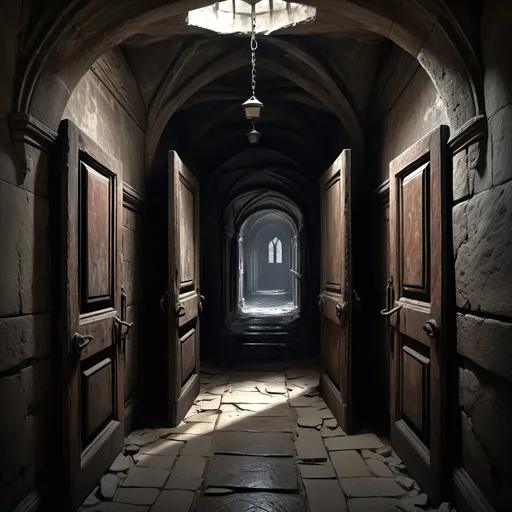 Prompt: Dead end hallway, with two ancient wooden doors with rusty iron hinges on either side of the room, one to the right and one to the left,
Gothic, fantasy, dark, dark shadows, blackness, huge spider webs, ominous, menacing, abandoned, dirty narrow ancient stone corridors vaults and chambers covered in dust and cobwebs leading to a stone subcellar/dungeon filled with casks and kegs and debris, and one woman's shoe,
Ultra detail, ultra realism, high definition, shadowy, pitch black, dingy dark passageways and glowing pairs of eyes in the shadows, rats with red glowing eyes,