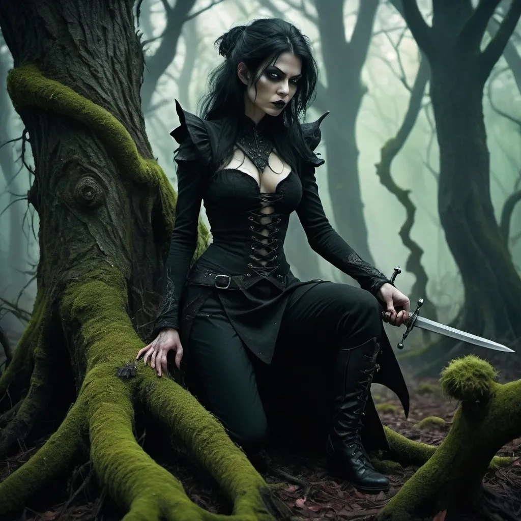 Prompt: (fantasy scene) tall black-haired heroic gothic female figure in dark attire, standing, fierce expression, menacing yet captivating, short cowardly goblin on knees, fear in his eyes, sword poised at throat, huge twisted, gnarly trees with vivid lichen wrapping around them, shadowy and atmospheric ambiance, deep greens and blacks, enchanted yet grim setting, (ultra-detailed) (HD)