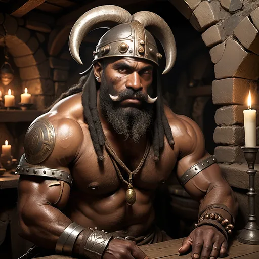 Prompt: [ Grugor the Barbarian ]
In medieval Taverne, lit by candles in wall sconces, stone walls,
Male Barbarian, dark complected African, large moustache, long beard, slight build but well muscled and wiry, agile, horned steel helmet with noseguard, dreadlocks with gold clasps, covered with tribal tattoos, gold earrings, stretched lobes, tall, black leather greaves and spiked gauntlets, brown leather boots with fur fringe at top, gothic, fantasy, longsword and daggers, ultra realism, ultra detail, high definition, friendly but determined expression, intimidating but not menacing, tall and skinny, in Tudor style taverne background,