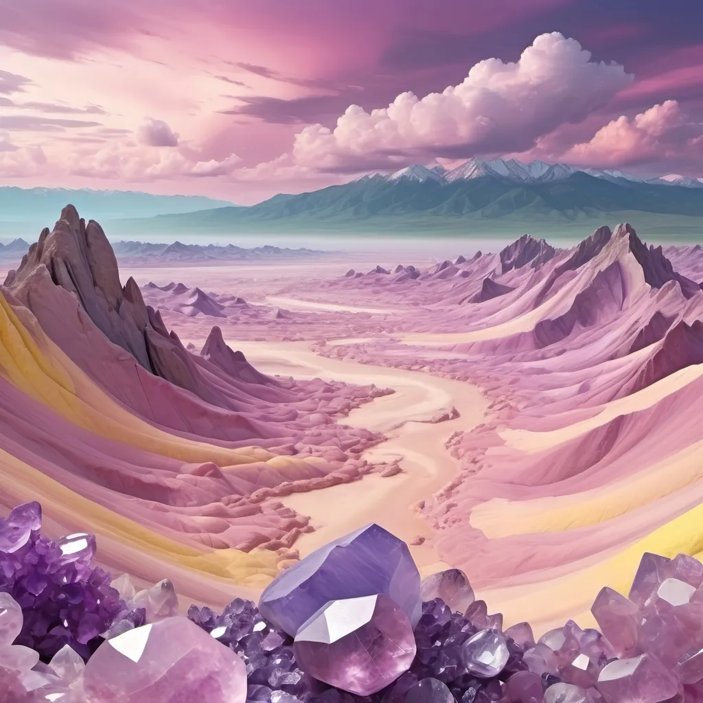 Prompt: 
Yellow quartz desert, pink sky, swirling gray, green and blue clouds.
Distant mountains made entirely of amethyst crystal