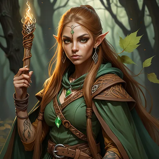 Prompt: Woman, female half elf, sorceress, ruddy medium complexion, light brown long straight hair, bound with multiple clasps in a really long pony tail; jewelry, earrings, tattoos of sacred runes, golden brown eyes, holding gnarled staff of bleached wood with a gem set into the top, leaf green cloak and hood, brown belt and pouches, brown boots, dagger and wand secured to belt, tan leather corset, highest resolution, gothic, fantasy, ultra detail, ultra realism, giving a lecture in a dark medieval Taverne.