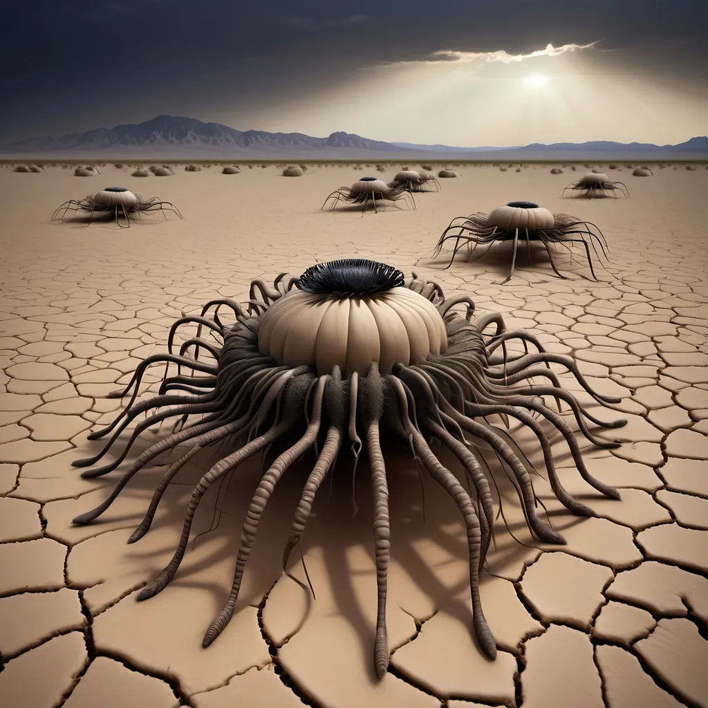 Prompt: Barren desert crawling with large hundred limbed insects which resemble anemones, that are rolling and tumbling across the flat parched desert in search of prey, like sentient tumbleweeds, with small circular bodies with a central toothed orifice surrounded by hundreds of legs which all terminate it sharp points.
Dark skies.