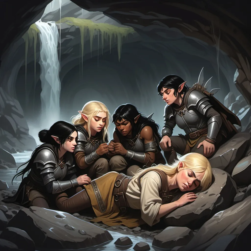 Prompt: In a dark rocky cave behind a waterfall,
a blonde human female, a black haired human female clad in black, a male dark haired halfling, a female dark haired halfling, a brown haired female half-elf; are all sleeping on the ground covered up in bedrolls with their gear piled around them.