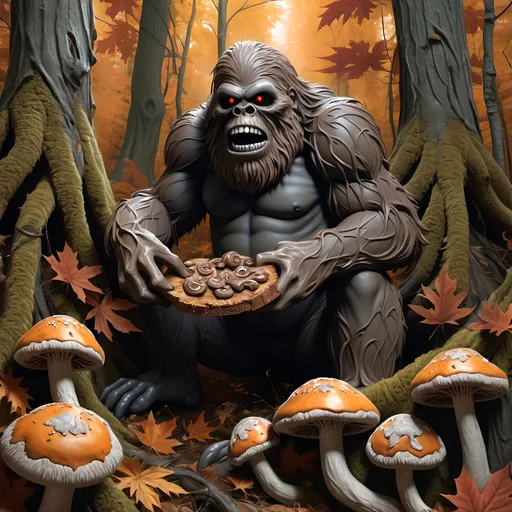 Prompt: Dark, gothic scary, foreboding, menacing, ominous, bright autumn foliage, happy Sasquatch gnawing on a large bone in a twisted and gnarly original growth autumn forest, surrounded by twisted lichen covered roots and giant carnivorous mushrooms with mean faces, ultra detailed, high resolution, gritty realism, boxes of Girl Scout Cookies everywhere!