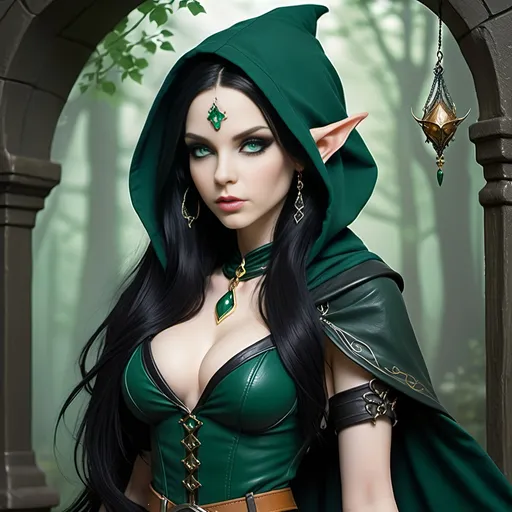 Prompt: [ Jade the Elf Sorceress ]
Woman, petite, slight, pale skin, elven ears, vivid green eyes, long straight waist-length black hair, 5 feet tall, slender, dark teal hooded robe, dark green dress, black leather corset, brown belt, sorceress, gold earrings and jewelry, tan pouches and bundles at waist, gothic, fantasy, high definition, ultra detail, ultra realism, gnarled ancient forest in background, obscured by mists