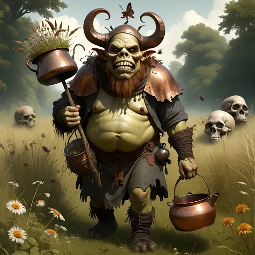 Prompt: An evil looking light skinned ogre ornamented in skulls and scalps, carrying bowls and spoons made of bone,
In a meadow with tall grasses and briars, wildflowers, buzzing insects and ticks,
A scary warty skinned ruddy caucasian complected  ogre Chef wearing a copper kettle on his head, dressed in ragged and worn Renaissance garb with slit sleeves and pantaloons with plentiful patches and repairs, quartered dark yellow & green , carrying a belt encumbered with skulls, scalps, several wooden spoons and copper ladles and bowls made of bone, and goblets made of skulls, one nostril in his nose, 
Strawberry blonde hair, and fierce unfriendly expression on his face, out looking to find meat and spices to curry the favor of his Jarl.