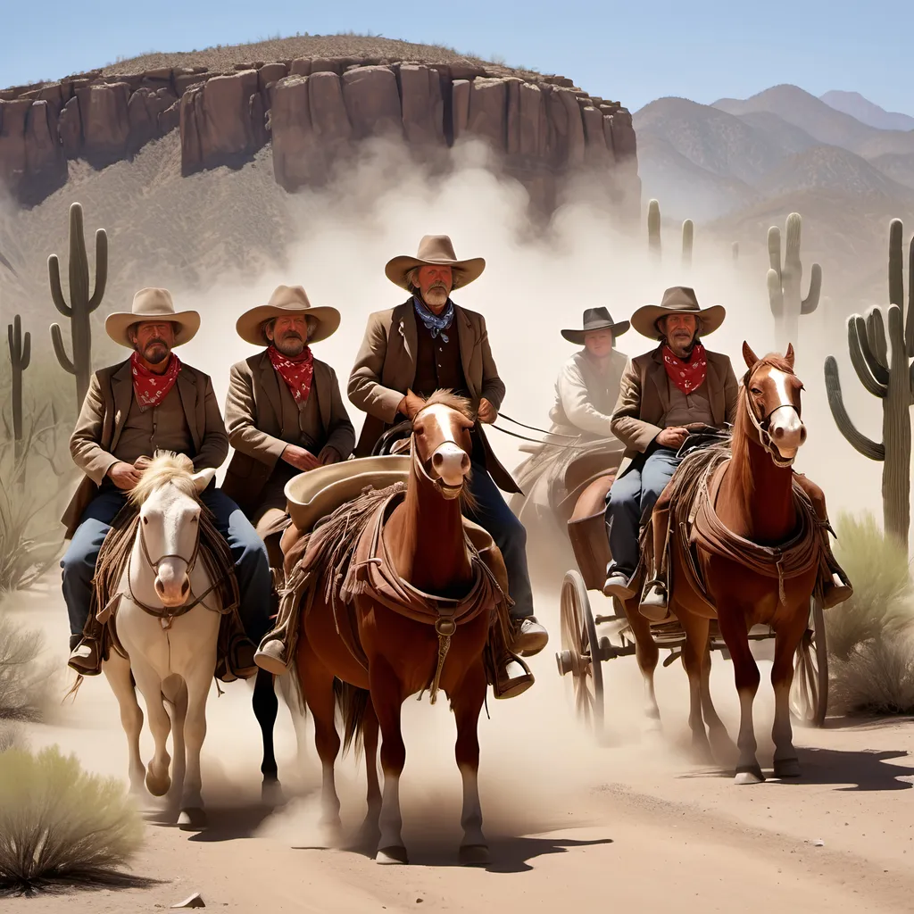 Prompt: Old West, dust, desert, cows, cacti, hitching posts, tumbleweeds, bandits in ten gallon hats and sombreros with bandanas, trenchcoats, 
Stage coach, horses,