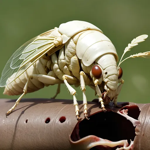 Prompt: In a meadow, a giant mutated monstrous frightful bloated white cicada larva feeds on a horse carcass,