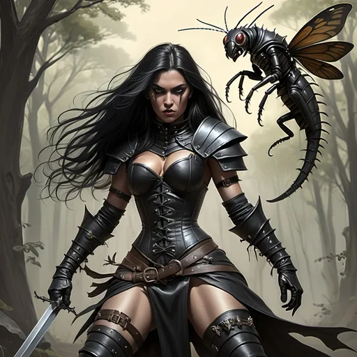 Prompt: 'Kitanjia the Ranger' [woman, tall, fair complected, dresses in black leather armor and corset, long black hair, longsword] in a fight to the death with an 'insect beast' [large, mutant, insect larva, dark brown gray in color, four back legs to stand on and two long front legs with sharp talons to fight with, red eyes on opposite sides of cicada-like head, and long proboscis]
Fantasy, gothic, ultra realism, ultra detail, in a meadow of tall grasses standing over a dead Bay Mare with an archaic saddle on her back