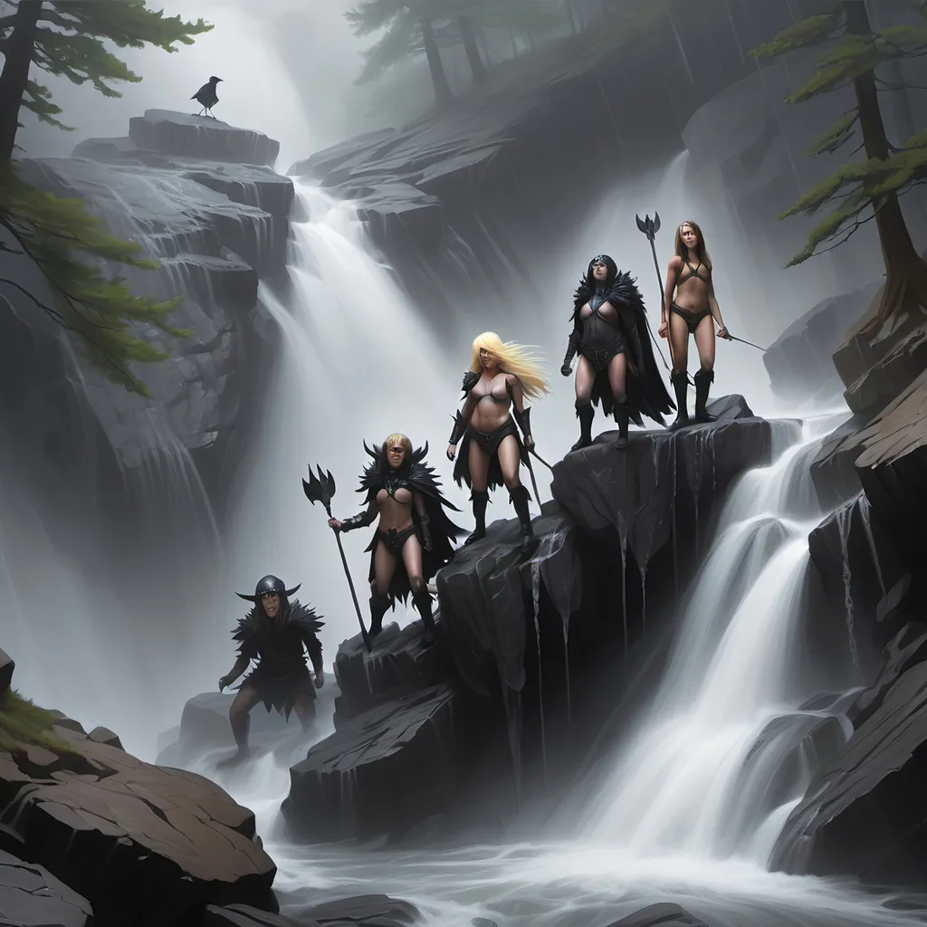 Prompt: Top of a misty torrential waterfall looking down  a rugged, rocky cliff into a turbulent pool of rocks, mist and spray. Dark, gnarly original growth hemlock trees.
A blonde human female in chainmail and a horned helmet, a raven haired human female clad in black, a male halfling, a female halfling, a brown haired female half elf, and a goblin, are all climbing the rocks.
As they climb to the top of the waterfall, the goblin falls and is lost in the mist and water below.