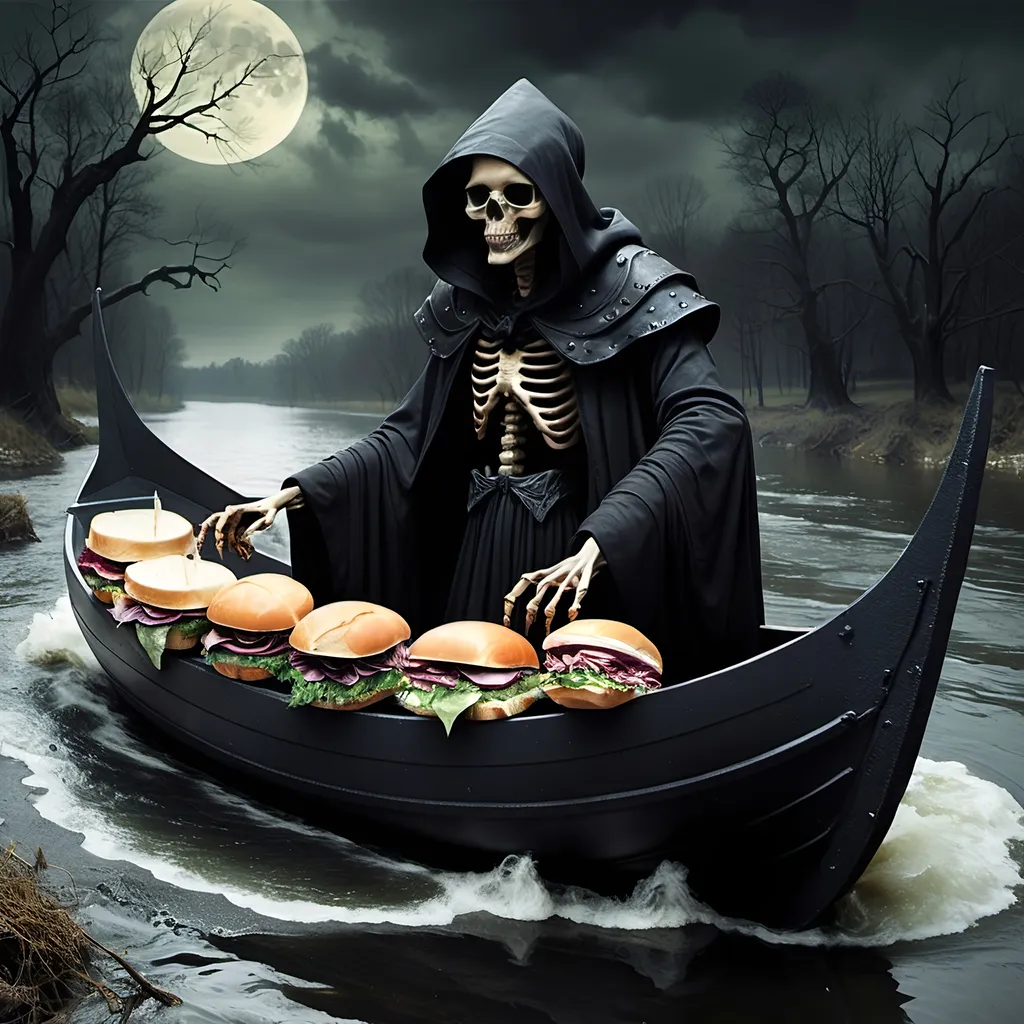 Prompt: (Dark, gothic, infernal, River Styx, Hades;) (Charon, skeletal boat master in a black robe with hood, of the river Styx); escorts a (goblin dressed in ragged dirty clothing who resembles Richard Nixon), to meet with his master on the lower planes, Charon is eating an awesome sandwich that his wife made for him for lunch.