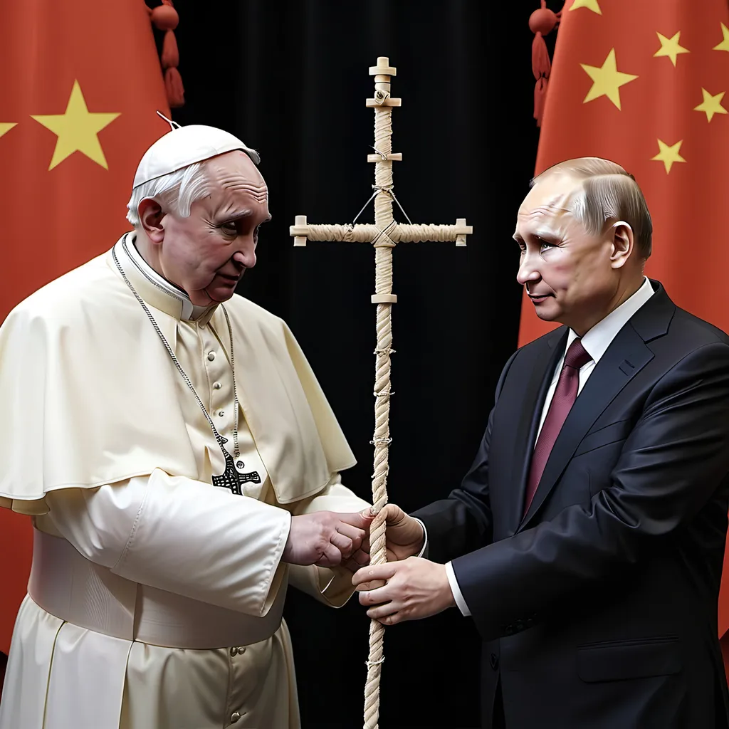 Prompt: Dark and gothic, a 'satan puppet' being controlled by a 'pope puppet', being controlled by a 'Vladimir Putin puppet', being controlled by Xi of China, who hold ALL THE STRINGS.