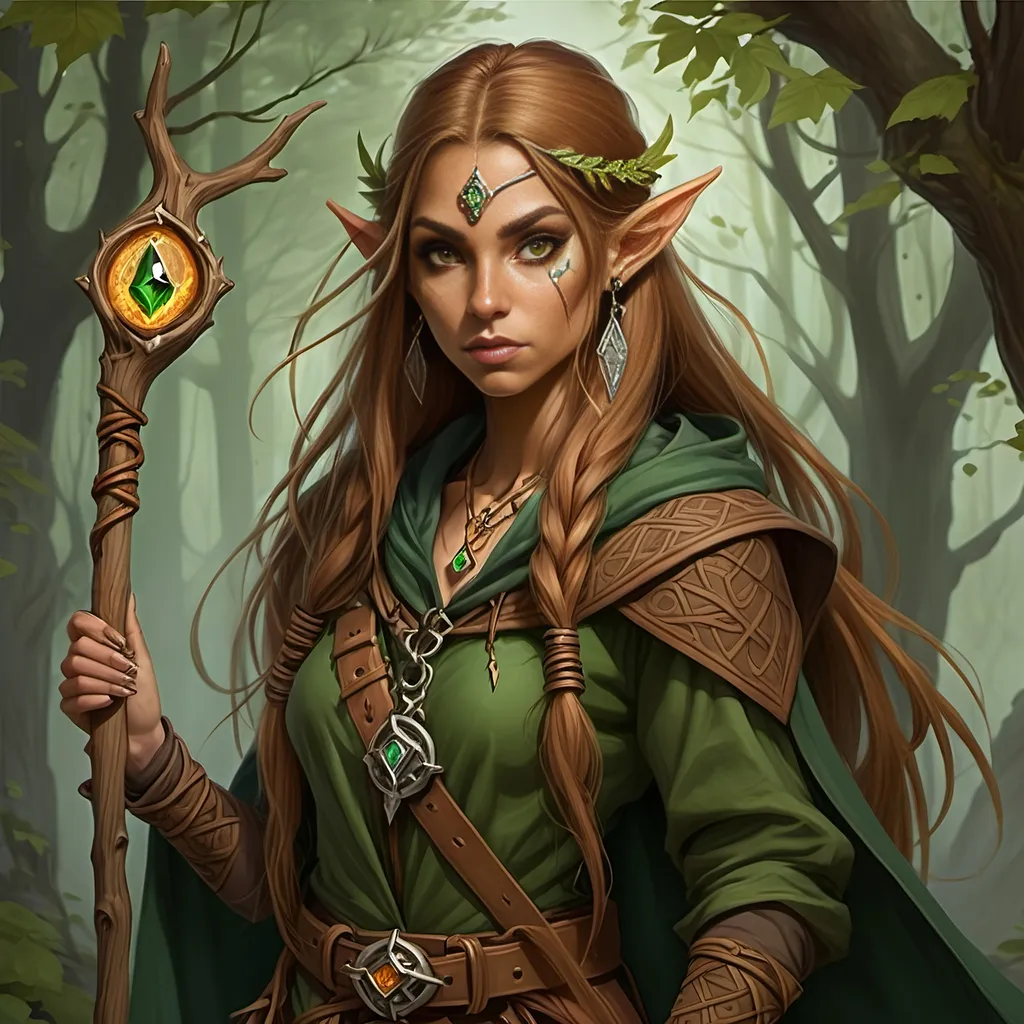 Prompt: Woman, female half elf, sorceress, ruddy medium complexion, light brown long straight hair, bound with multiple clasps in a really long pony tail; jewelry, earrings, tattoos of sacred runes, golden brown eyes, holding gnarled staff of bleached wood with a gem set into the top, leaf green cloak and hood, brown belt and pouches, brown boots, dagger and wand secured to belt, tan leather corset, highest resolution, gothic, fantasy, ultra detail, ultra realism, giving a lecture in a dark medieval Taverne.