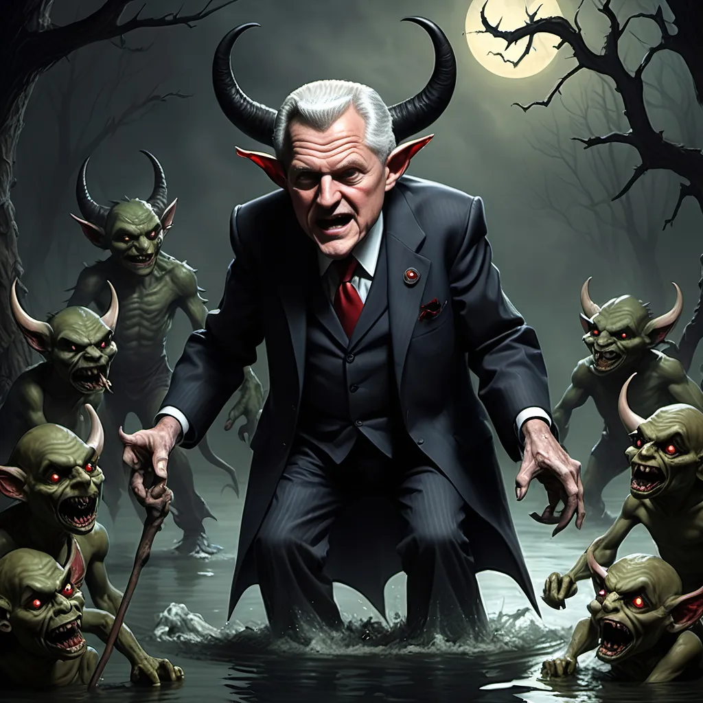 Prompt: River Styx, dark, infernal, gothic, ominous; minor Devil with horns and hooves who resembles Bill Clinton; has a chat with a goblins in ragged, ratty clothing who resembles Richard Nixon.