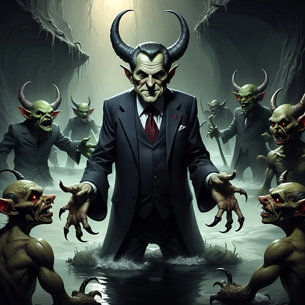 Prompt: River Styx, dark, infernal, gothic, ominous; minor Devil with horns and hooves who resembles Bill Clinton; has a chat with a goblins in ragged, ratty clothing who resembles Richard Nixon.