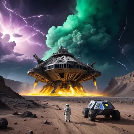 Prompt: Abandoned centuries old massive mining complex hidden in a canyon,
Collosal ancient alien statue carved from crystal and half buried in the sand,
Geodesic survival shelter with several antenna,
Vivid aurora, Meteor shower,
Humanoid robot in 8 wheeled solar powered ATV rover,
Astronaut in survival suit carrying backpack and bags, walking away from Crater,
Lightning, tornadoes, massive storm
Crater, crashed space frigate, burning debris, black smoke rising,
Yellow quartz desert, dark sky, swirling gray, green and blue clouds.
Distant mountains made entirely of amethyst crystal
